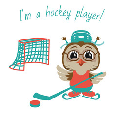 Owl Boy Hockey Player. Vector Illustration.