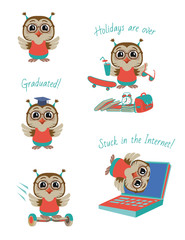 Set with cute little owls. Vector Illustration.