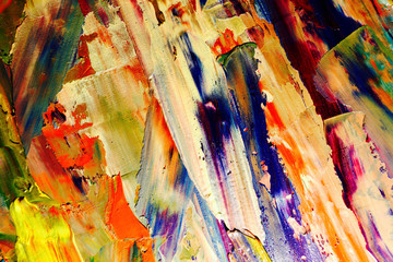 Colorful abstract painting background. Color texture. Intensive multicolor mix of oil vibrant colors. Paint Brushstrokes on canvas for trendy poster wallpaper. 