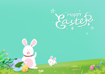 Easter, cute rabbit character family plays in garden, greeting card holiday invitation, landscape poster background vector illustration