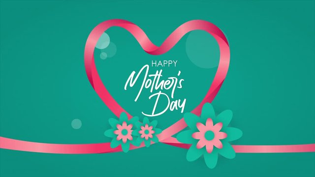 Happy mother's day greeting animation. Motion template with flowers and flare. Animated ribbon heart background.