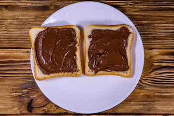 Two sandwiches with chocolate spread on a white plate. Top view