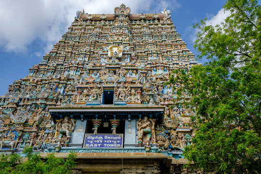 Madurai, India - March 2020: Gopuram of the Hindu Meenakshi Amman Temple on March 10, 2020 in Madurai, India.