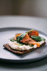 Danish smorrebrod on board. Restaurant food, traditional cuisine