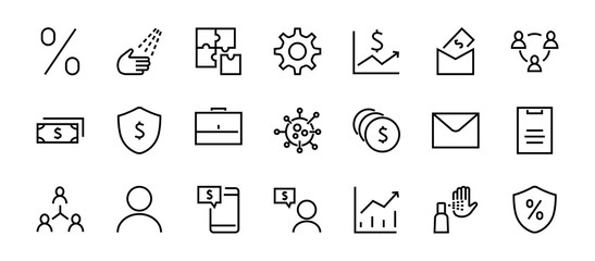 Set of business vector line icons. It contains user symbols, dollar pictograms, gears, briefcase, puzzles, envelope, percentage, messages, schedule, and more. Editable Bar 460x460 pixels.