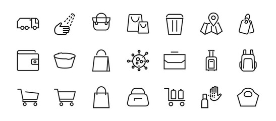 Fototapeta premium A simple set of bags, shopping and travel icons. Vector illustration Contains icons such as Card, wallet, shopping basket, discount, bowl, package. On a white background, editable stroke. 48x48 pixels