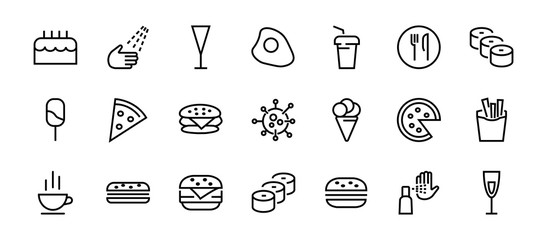 A simple set of fast food icons related to the vector line. Contains icons such as pizza, burger, sushi, bike, scrambled eggs and more. EDITABLE stroke. 480x480 pixels perfect, EPS 10