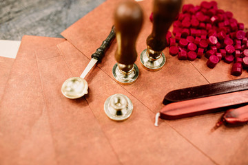 sealing wax stamps, inscribed logos.