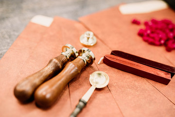sealing wax stamps, inscribed logos.