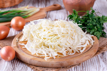Sliced cabbage on a cutting board