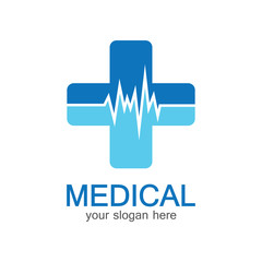 Medical logotype. Pharmacy colored plus cross in a soft shape. Tests, pharmaceutical sign with cardio scheme. Help and health care symbol. Branding identity with cross shape elements.