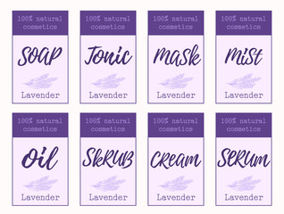 Set of labels for lavender cosmetics packaging design. Organic cosmetics and natural care.