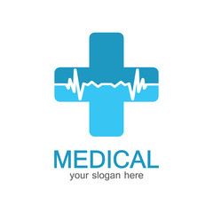 Medical logotype. Pharmacy colored plus cross in a soft shape. Tests, pharmaceutical sign with cardio scheme. Help and health care symbol. Branding identity with cross shape elements.