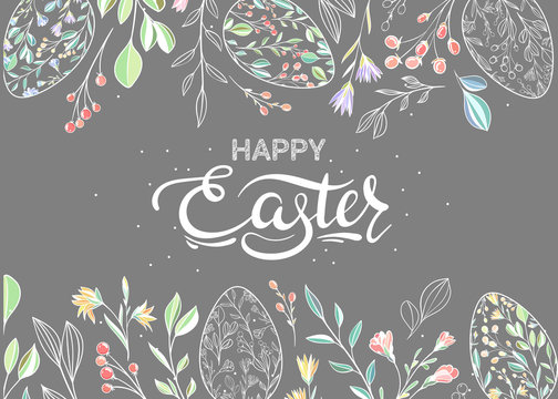 Happy easter. Banner / background with painted eggs and plants