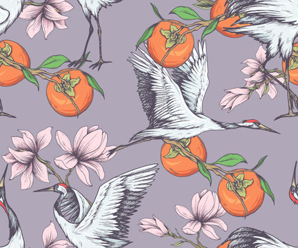 Seamless oriental pattern with cranes, magnolia flowers and persimmon
