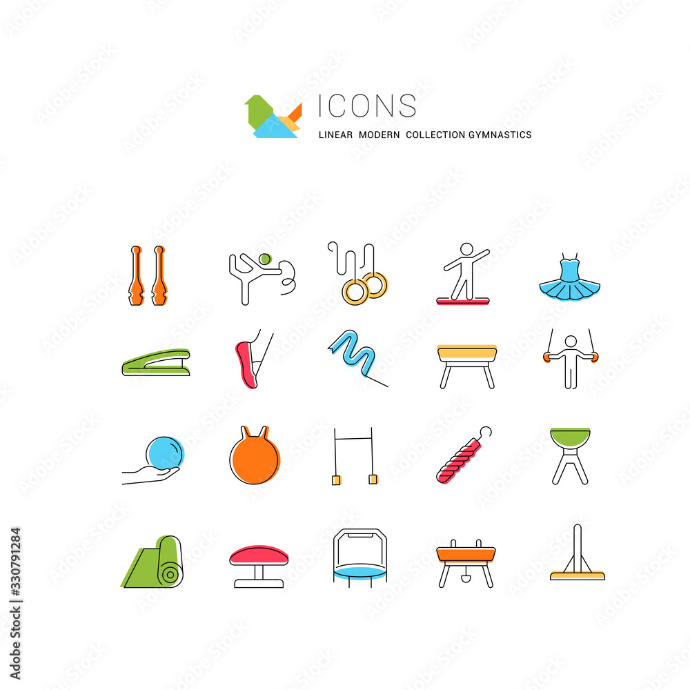 Poster Set Vector Line Icons of Gymnastics.