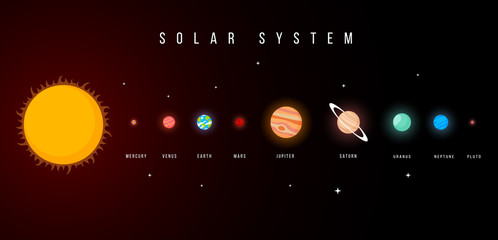 Vector creative illustration of planet of solar system on black background. Celestial objects in outer space. Astronomical bodies and sun in galaxy. © wowomnom