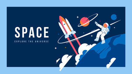 Vector creative template with illustration of cosmonaut in spacesuit exploring outer space and spaceship. Astronaut making spacewalk on dark background near earth.