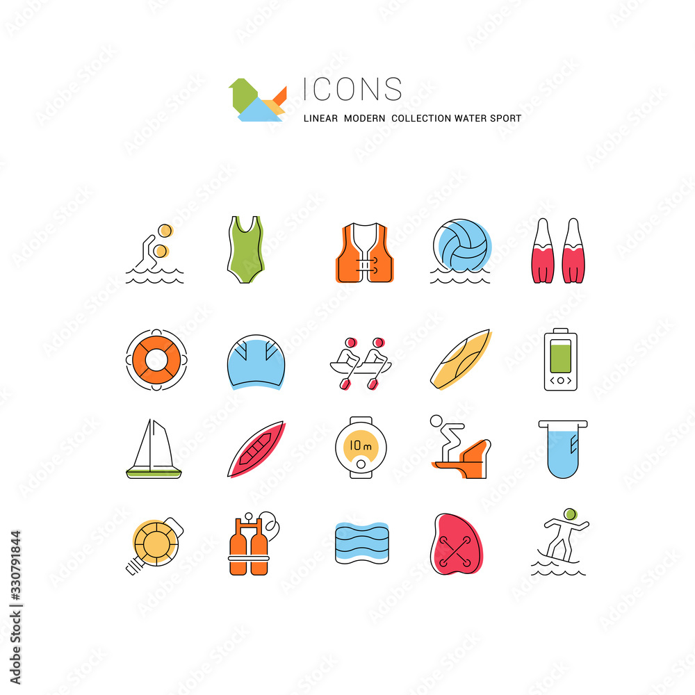 Sticker Set Vector Line Icons of Water Sport.