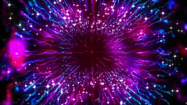 4K Abstract motion background animation shining particles and neon colors light  forms fluctuating in space seamless loop