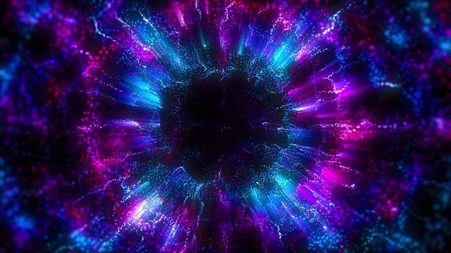 4K Abstract motion background animation shining particles and neon colors light  forms fluctuating in space seamless loop