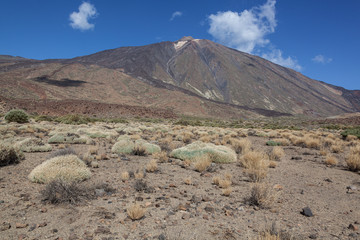 Majestic red volcanic terrain in the Teide national park with Teide Mount on the blue sky...