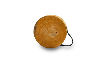 Used cutting board.Vintage kitchenware. Genuine old wood cutting board, breadboard, isolated on white. Round (more or less) with handle.