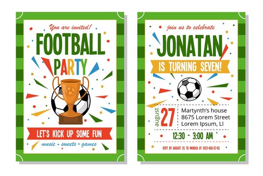 Football party for kids invitation template vector illustration. Address and time information on card flat style design. Birthday celebration and soccer sport concept