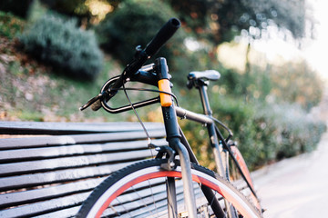 Fototapeta na wymiar Bike leaning on a bench outdoors in a park
