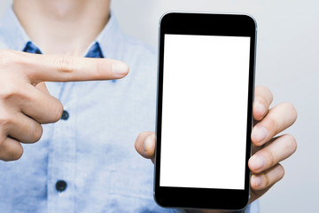 Phones, something that everyone uses, communicates, and sells online more and more every day, white screen mockup template, blue shirt, business man.