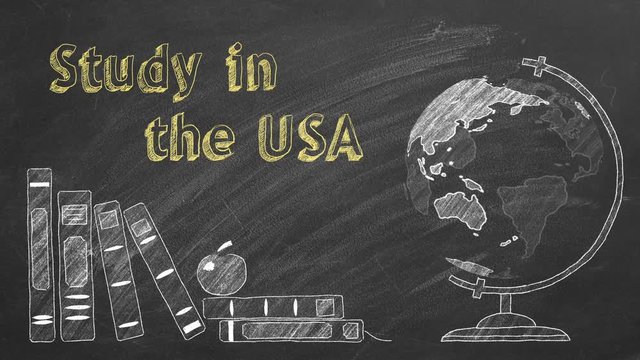 Lettering "Study in the USA", rotating globe and school books are drawn with chalk on a blackboard. Study abroad concept.