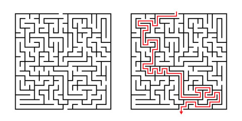 Vector Square Maze - Labyrinth with Included Solution in Black & Red. Funny & Educational Mind Game for Coordination, Problems Solving, Decision Making Skills Test.