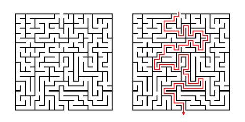 Vector Square Maze - Labyrinth with Included Solution in Black & Red. Funny & Educational Mind Game for Coordination, Problems Solving, Decision Making Skills Test.