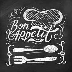 Kitchen inspirational chalk poster with lettering vector illustration. Bon appetit inscription on chalkboard flat style. Spoon fork and chef hat. Catering design concept
