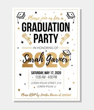 Graduation party invitation with information vector illustration. Decorated paper with place and time details flat style design. Traditional ceremony concept