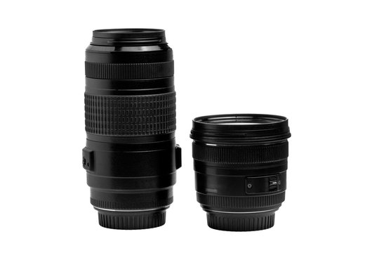  two camera lenses on a white background