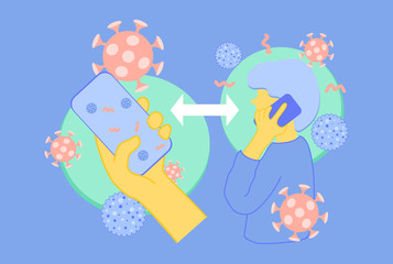 infographic conceptual idea of virus and disease spreading by unawareness of dirty hand. Illustration of smartphone is touched by dirty hand and then the it cause infection when touch the man face