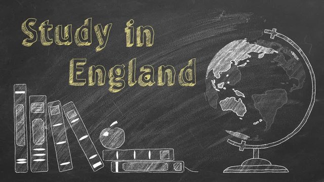 Lettering "Study in England", rotating globe and school books are drawn with chalk on a blackboard. Study abroad concept.