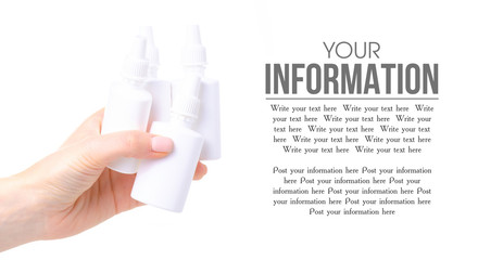 Nose spray in hand health medicine on white background isolation, space for text