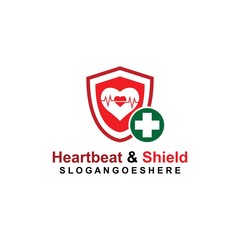 Shield, Heart beat pulse and cross Coloured green Logo Template Design vector for Business medical, Emblem, Design concept, Creative Symbol, Icon