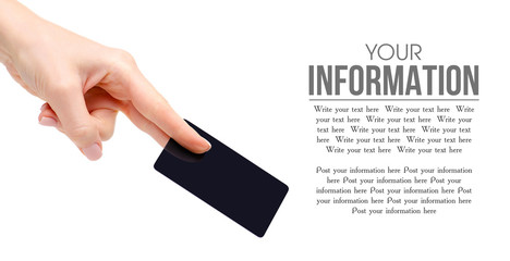 Black plastic card in hand on a white background. Isolation, space for text