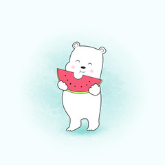 Greeting card or poster with Happy cute polar bear eating watermelon in watercolor style.