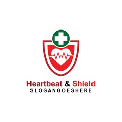 Shield, Heart beat pulse and cross Coloured green Logo Template Design vector for Business medical, Emblem, Design concept, Creative Symbol, Icon