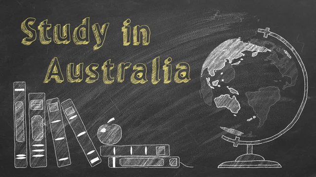 Lettering "Study in Australia", rotating globe and school books are drawn with chalk on a blackboard. Study abroad concept.