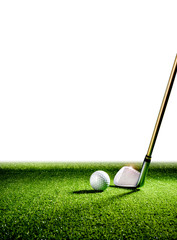 Vertical image with golf club and golf ball on the turf with white wall in the background