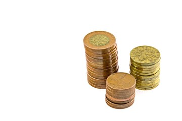 Czech money, columns of coins,  isolated on white background. 50 crown coins, 20 crown coins, 10 crown coins.
