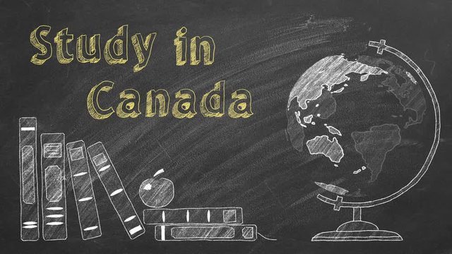 Lettering "Study in Canada", rotating globe and school books are drawn with chalk on a blackboard. Study abroad concept.