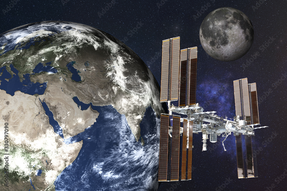 Canvas Prints planetary station satelite near planet earth with moon of solar system in outer space. planetary con