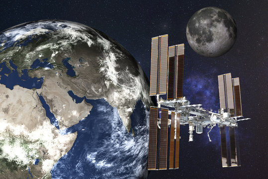 Planetary station satelite near Planet Earth with moon of Solar system in outer space. Planetary concept. Science fiction. Elements of this image were furnished by NASA.
