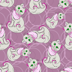Seamless pattern with fluffy cats on a background with circles. Suitable for children's fabrics, dishes and clothing.